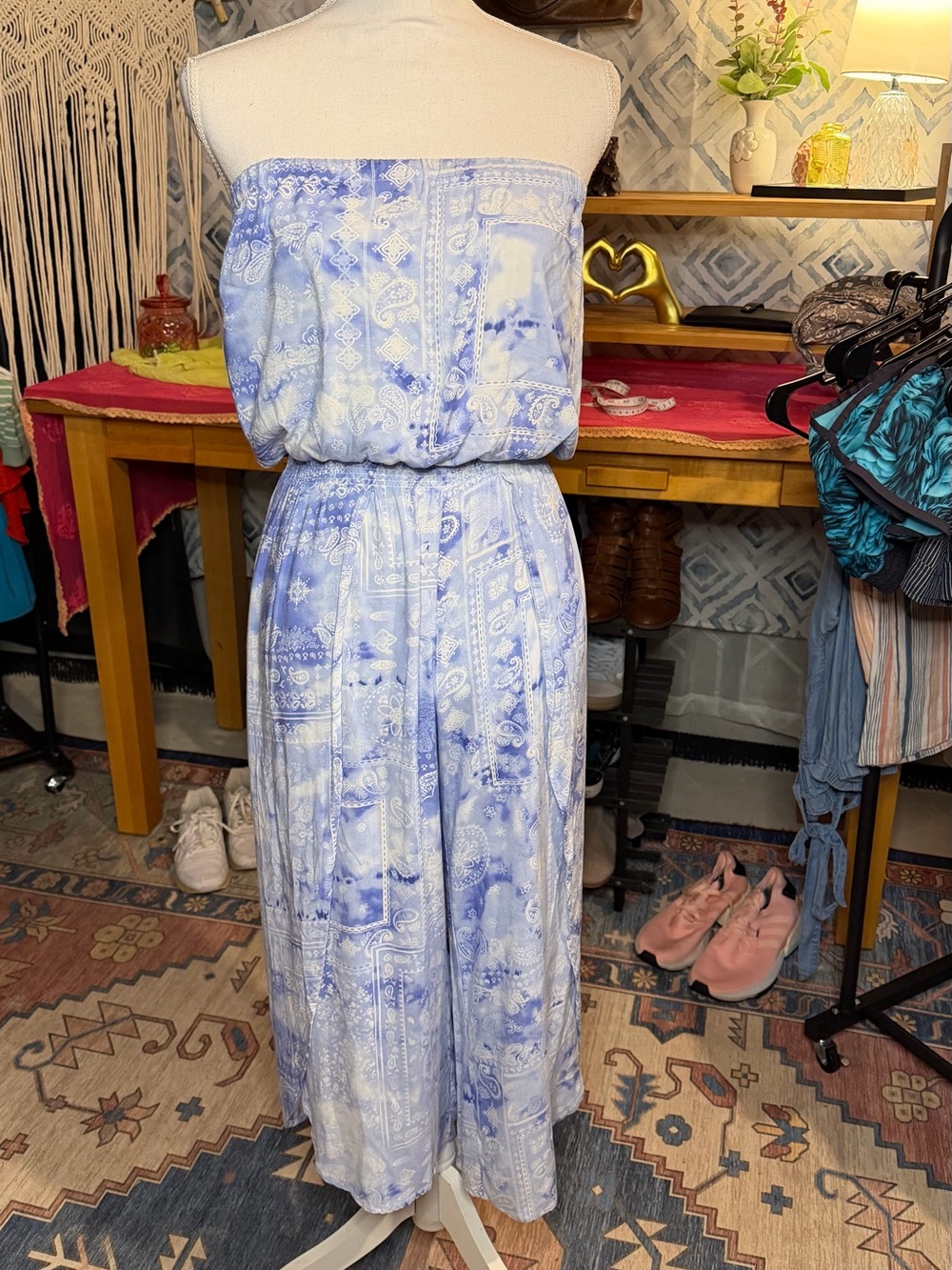 Strapless Blue Tie-Dye Bandana Print Jumpsuit